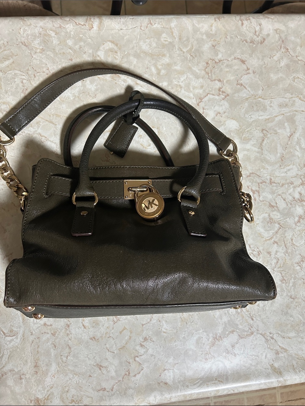 MICHAEL Michael Kors Olive Green Leather Satchel with Gold Hardware